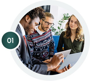 Updated homepage image: Diverse team of professionals collaborating on a project, reviewing documents on tablets. Business meeting.