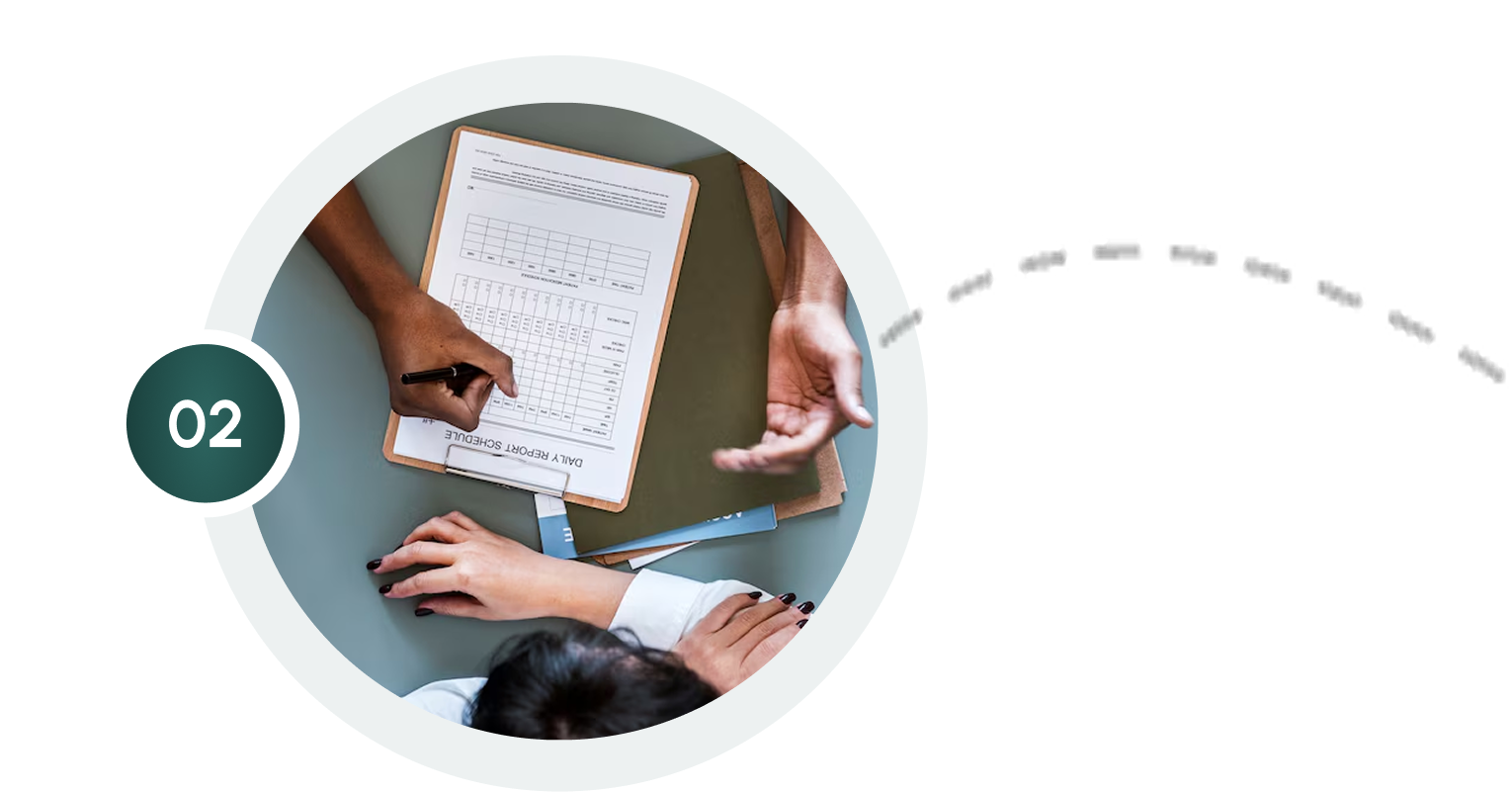 Updated Homepage Step 2: Team members collaborating on daily report schedule, one writing, another mentoring, and one stressed.