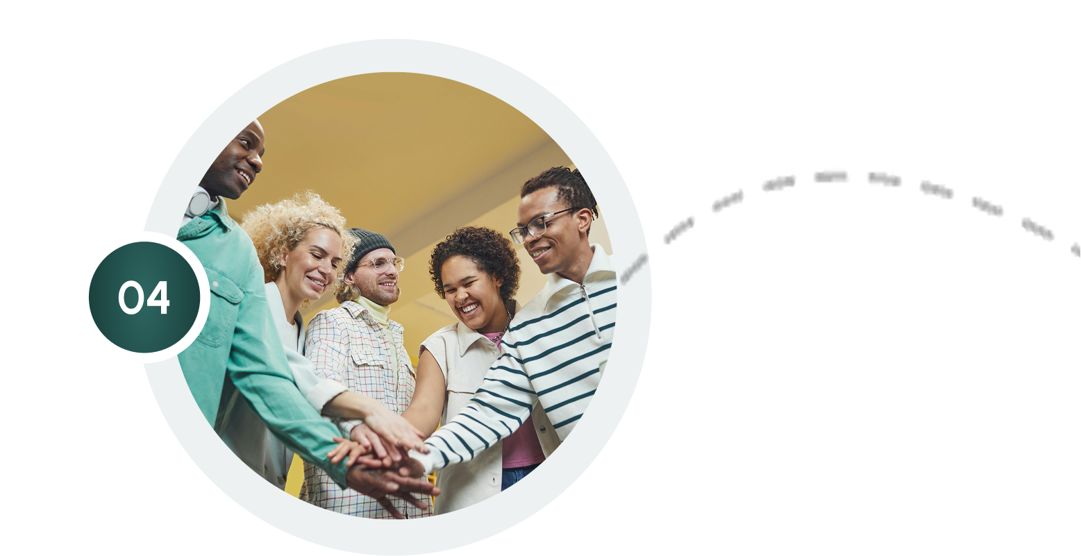 Diverse team putting hands together, symbolizing collaboration and updated homepage step 4. Building a strong team for success.