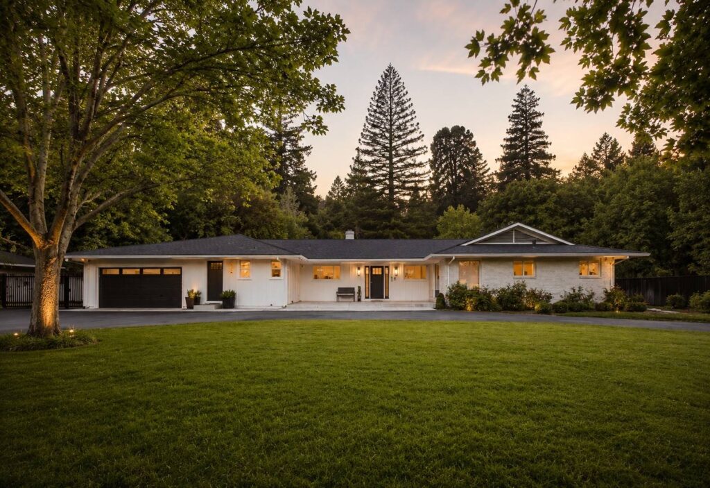 Single-story white house with a two-car garage, front yard, and warm interior lights, surrounded by trees at dusk Diego sunset-like sky