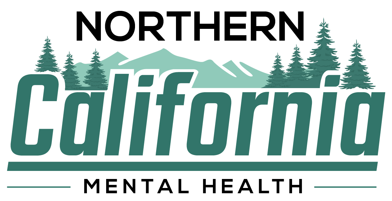 Northern California Mental Health logo with teal 'California' wordmark, mountains and pine trees above a teal line.